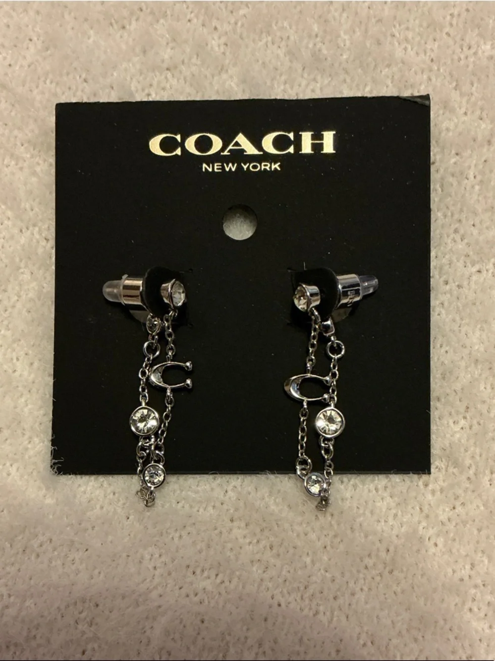 Coach Silver-Tone Dangling Chain Earrings with Clear Crystals - Picture 3 of 3